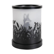 Black fox silhouette electric wax melt burner unlit, showing the frosted panel and fox shadow design behind the cut-outs.