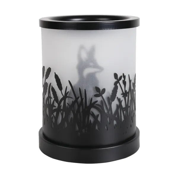 Black fox silhouette electric wax melt burner unlit, showing the frosted panel and fox shadow design behind the cut-outs.