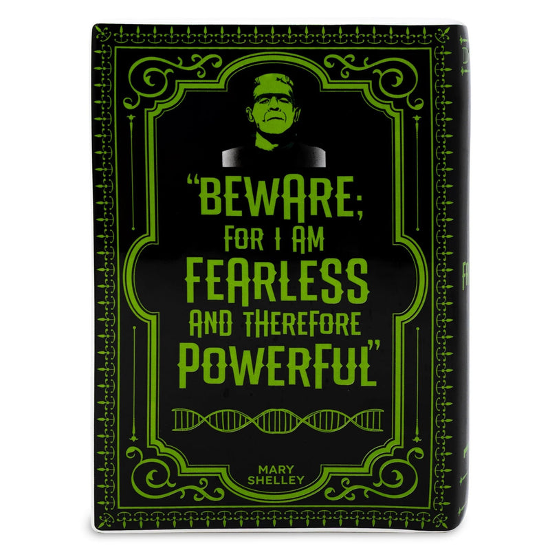 Back of Frankenstein book vase with the line Beware; for I am fearless and therefore powerful in green type.