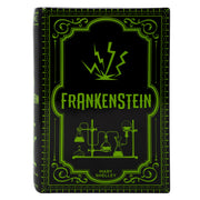 Close-up of the Frankenstein book vase cover with lightning bolt and laboratory graphics, glossy finish.