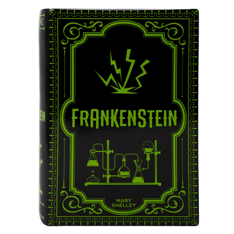 Close-up of the Frankenstein book vase cover with lightning bolt and laboratory graphics, glossy finish.