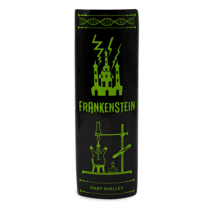 Side spine of Frankenstein ceramic book vase showing castle and laboratory illustrations in green on black.