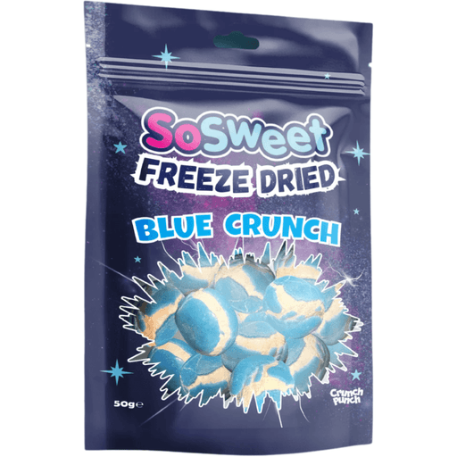 SoSweet freeze dried Blue Crunch crunchy blue sweets 50g packaging close-up