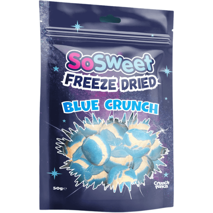 SoSweet freeze dried Blue Crunch crunchy blue sweets 50g packaging close-up