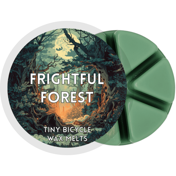 Frightful Forest wax melt label with haunted woodland art; cypress, sandalwood and vanilla home fragrance wax melts