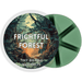 Frightful Forest wax melt label with haunted woodland art; cypress, sandalwood and vanilla home fragrance wax melts