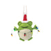Felt green frog in Santa hat tangled in colourful fairy lights, hanging Christmas tree decoration.