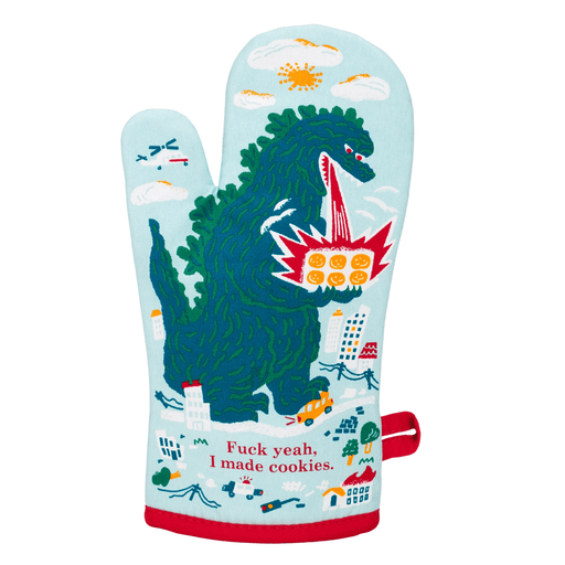 Fuck Yeah I Made Cookies oven mitt with monster holding a tray of cookies