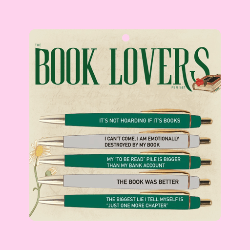Fun Club Book Lovers pen set with 5 black ink ballpoint novelty pens featuring funny reading quotes on cream and green literary-themed packaging