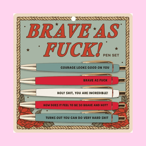 Fun Club Brave As Fuck novelty pen set with five funny motivational slogan pens