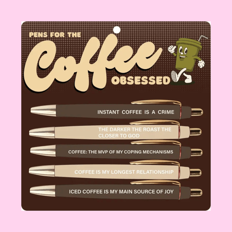 Fun Club Coffee Obsessed pen set with five funny coffee-themed black ink ballpoint pens