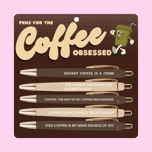 Fun Club Coffee Obsessed pen set with five funny coffee-themed black ink ballpoint pens