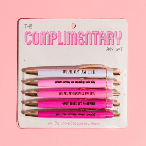 Fun Club Complimentary Pen Set with 5 pink black ink ballpoint pens featuring uplifting compliment phrases on display card packaging