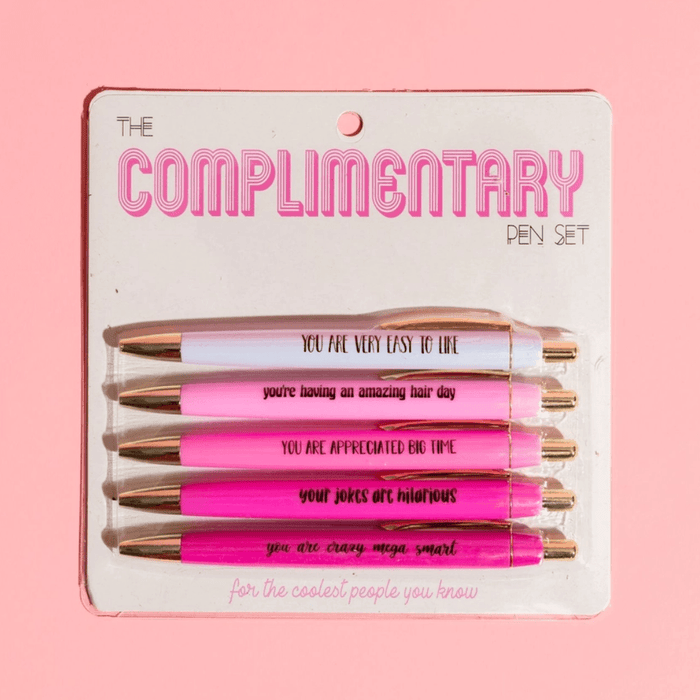 Fun Club Complimentary Pen Set with 5 pink black ink ballpoint pens featuring uplifting compliment phrases on display card packaging