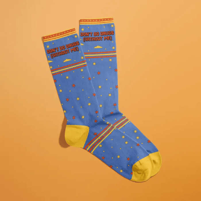 Fun Club funny slogan socks in blue with yellow heel and toe and colourful star pattern