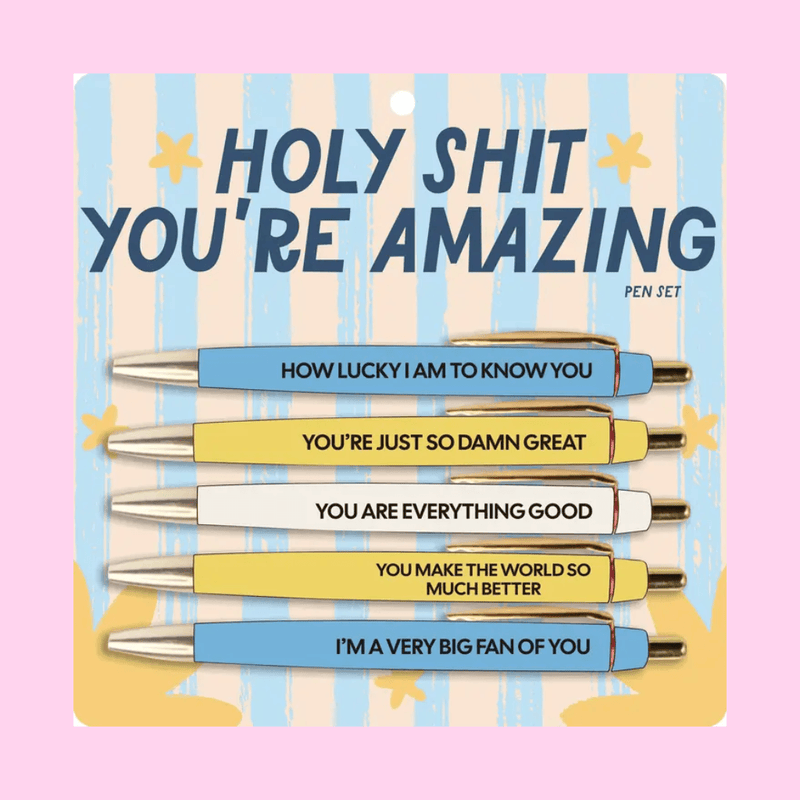 Fun Club Holy Shit You're Amazing pen set with five compliment-themed slogan pens