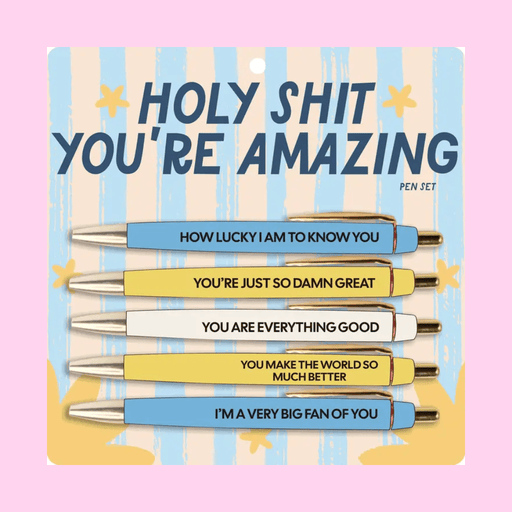 Fun Club Holy Shit You're Amazing pen set with five compliment-themed slogan pens