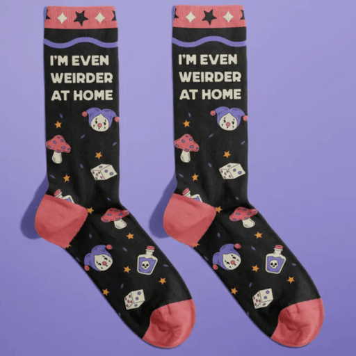 Fun Club I'm Even Weirder At Home novelty socks with jester, mushrooms and potion design