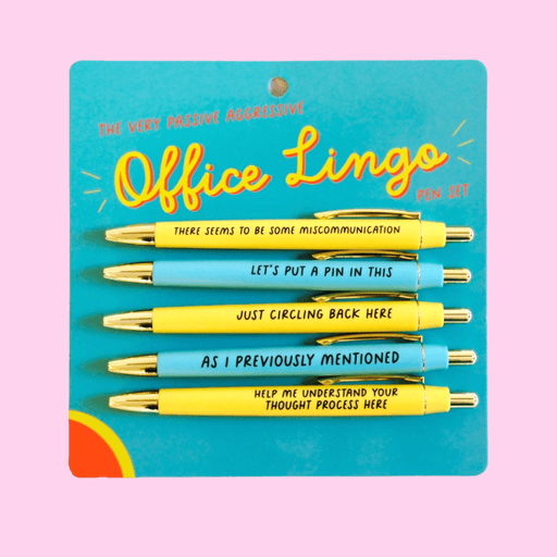 Fun Club Office Lingo Pen Set with 5 black ink ballpoint pens featuring funny passive aggressive office phrases on retro-style packaging