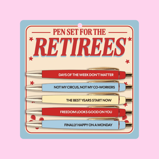 Fun Club retiree pen set with 5 black ink ballpoint pens featuring funny retirement quotes and colourful retro-style packaging