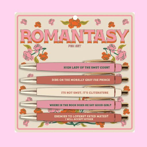 Fun Club Romantasy pen set with five funny fantasy romance themed slogan pens on a floral display card