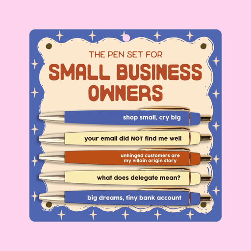 Fun Club Small Business Owners pen set with 5 black ink ballpoint novelty pens featuring funny small business quotes on retro blue, cream and orange packaging