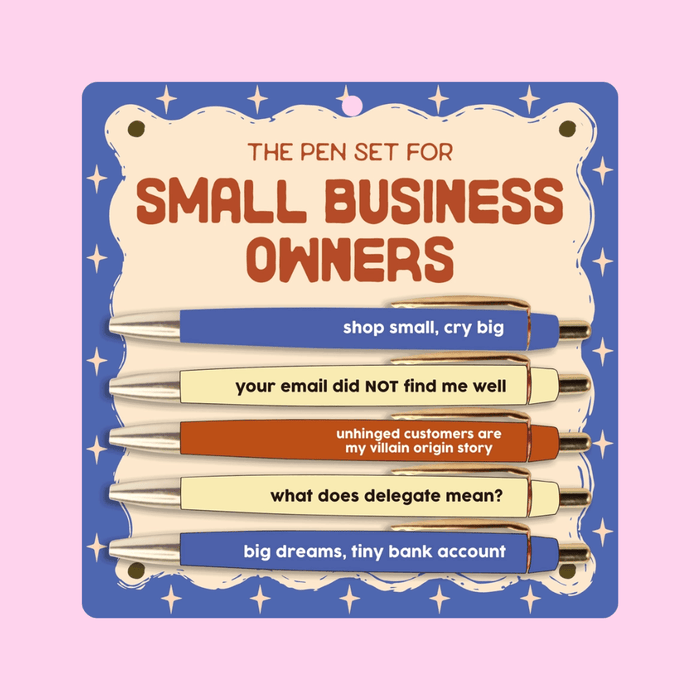 Fun Club Small Business Owners pen set with 5 black ink ballpoint novelty pens featuring funny small business quotes on retro blue, cream and orange packaging