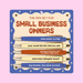 Fun Club Small Business Owners pen set with 5 black ink ballpoint novelty pens featuring funny small business quotes on retro blue, cream and orange packaging