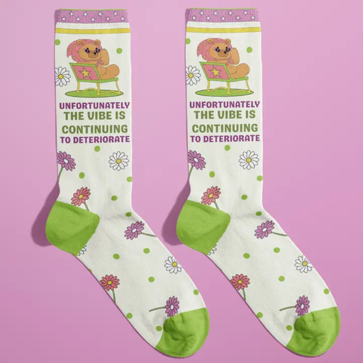 Fun Club novelty socks with Unfortunately The Vibe Is Continuing To Deteriorate slogan and pastel floral design