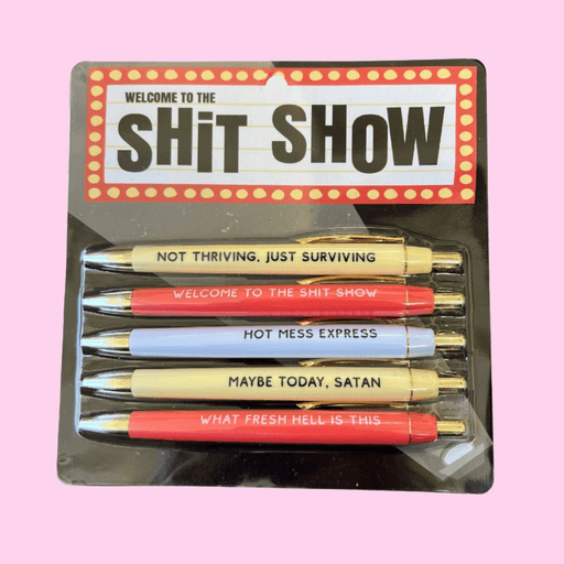Fun Club Welcome to the Shit Show pen set with 5 black ink ballpoint novelty pens featuring funny slogan phrases on bold black packaging