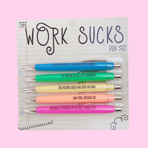 Fun Club The Work Sucks pen set with 5 black ink ballpoint novelty pens featuring funny work quotes on lined paper style packaging