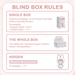 Graphic showing the seven zZoton blind box rules 
