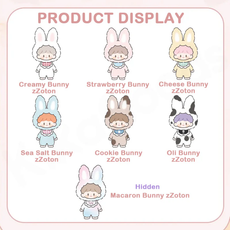 Graphic showing the seven zZoton designs: Creamy, Strawberry, Cheese, Sea Salt, Cookie, Oli and hidden Macaron Bunny	