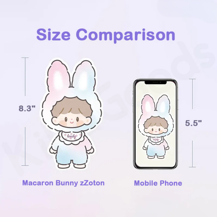 Infographic comparing the 8.3″ Macaron Bunny zZoton figure with a 5.5″ smartphone	