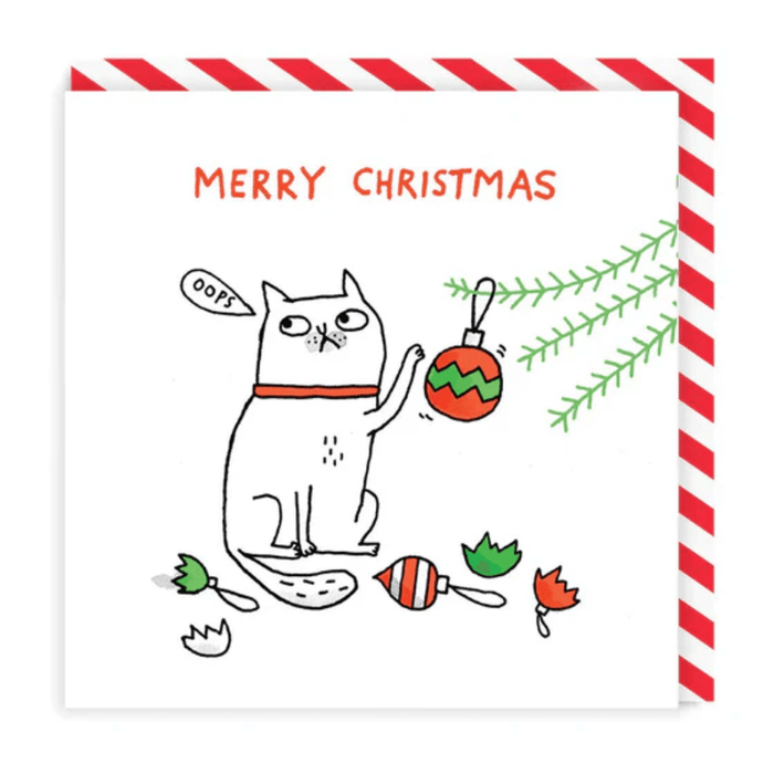 Funny cat Christmas card with broken baubles, oops speech bubble and red striped border.