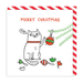 Funny cat Christmas card with broken baubles, oops speech bubble and red striped border.