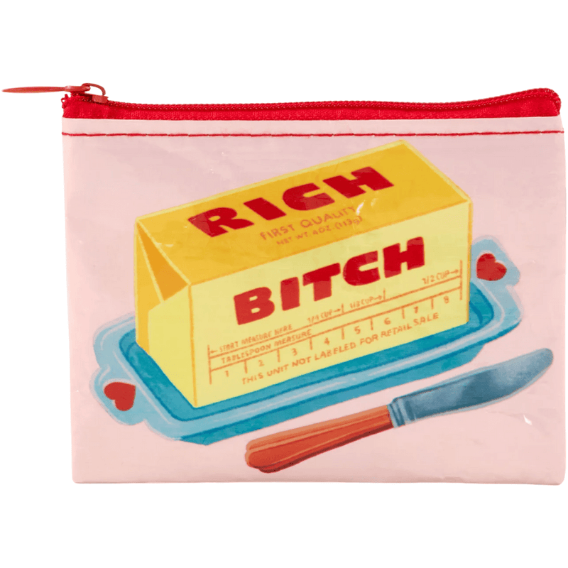 Blue Q Rich Bitch coin purse with butter stick graphic and bold retro design

