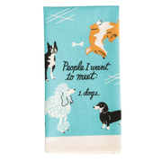 Folded Blue Q tea towel featuring text “People I want to meet: 1. dogs” with cartoon dogs illustration

