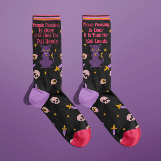 Black women's crew socks with purple cat and text People Pleasing Is Over It Is Time For Evil Deeds
