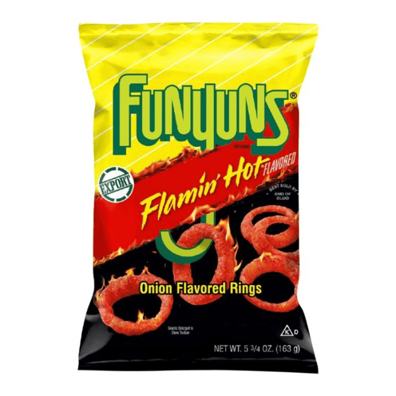 Front of Funyuns Flamin’ Hot Onion Rings 163g big bag of spicy American corn snacks