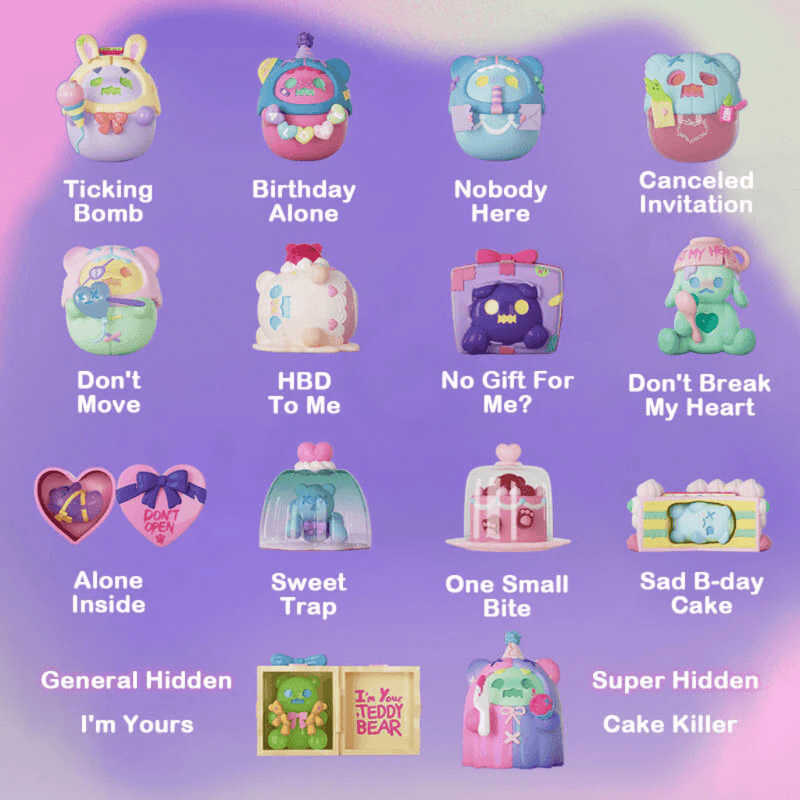 Product board showing all 12 Ghost Bear Birthday Alone Blind Box figures plus hidden “I’m Yours” & “Cake Killer”

