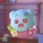 Ghost Bear in pale pumpkin-style hoodie holding green RSVP card—“Cancelled Invitation” Birthday Alone Blind Box collectable
