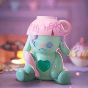Mint Ghost Bear holding spoon, broken teacup on head with pink graffiti—“Don’t Break My Heart” Blind Box figure
