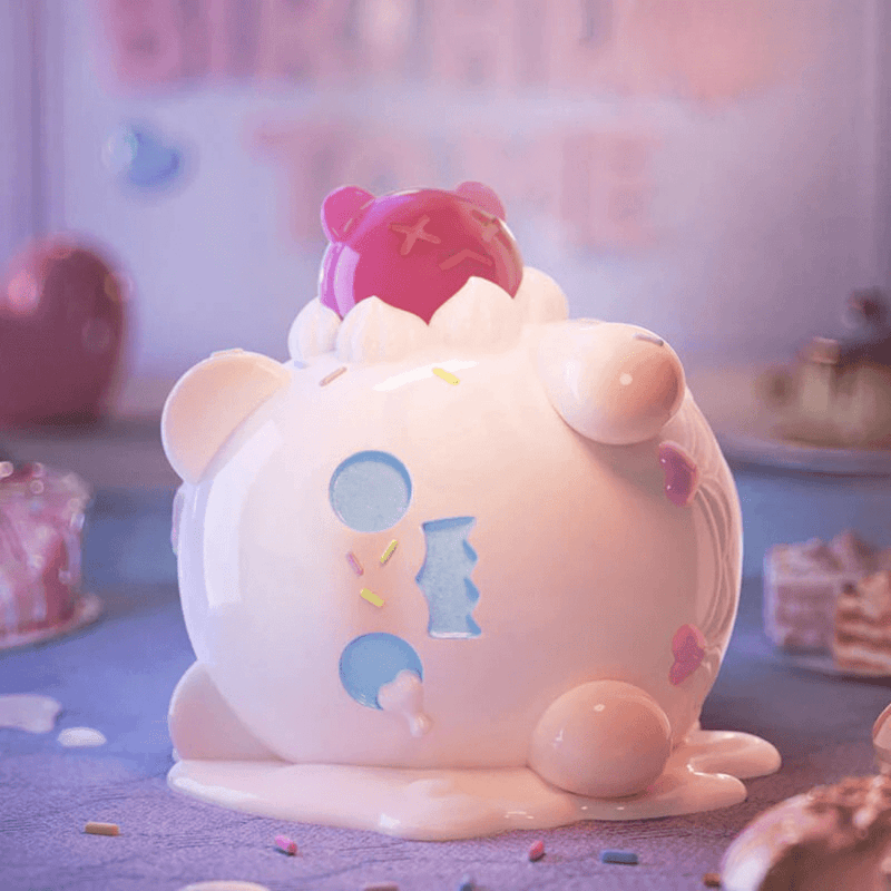 “HBD To Me” Ghost Bear collectable—cream-white cake figure melting with red jelly bear topper from Birthday Alone Blind Box
