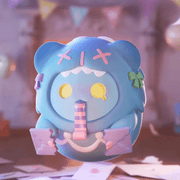 Blue-hooded Ghost Bear clutching torn invites and sipping through party straw—“Nobody Here” Birthday Alone Blind Box figure
