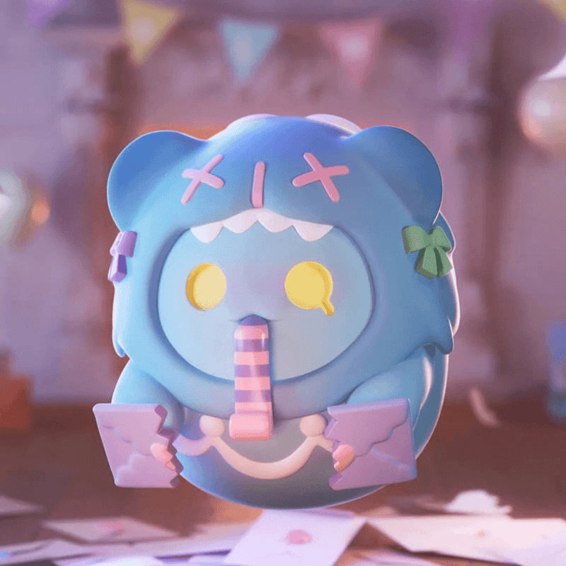Blue-hooded Ghost Bear clutching torn invites and sipping through party straw—“Nobody Here” Birthday Alone Blind Box figure
