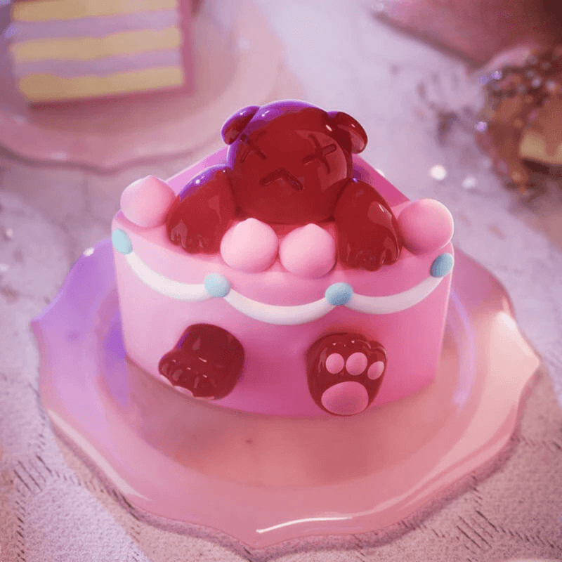 Jelly-red Ghost Bear collapsed on pink cake slice with paw-print icing—Blind Box figure “One Small Bite”
