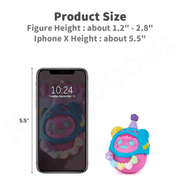 Size guide comparing Ghost Bear Birthday Alone Blind Box figure (1.2–2.8 inch collectable) with 5.5-inch iPhone X
