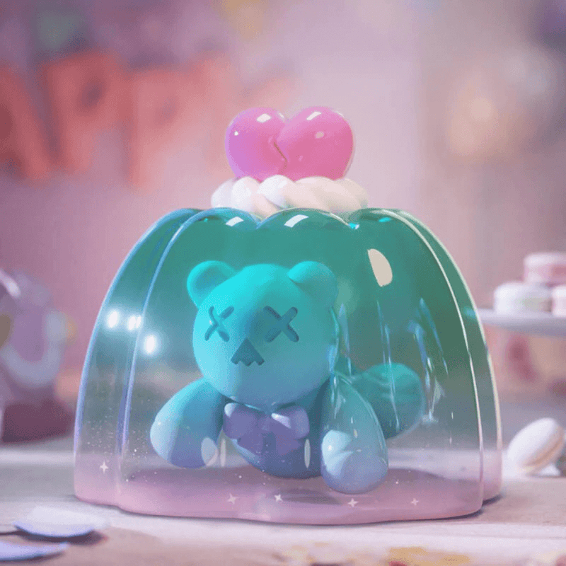 “Sweet Trap” Ghost Bear sealed inside translucent jelly dome with broken-heart topper—Birthday Alone Blind Box collectable
