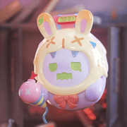“Ticking Bomb” Ghost Bear in bunny-eared cream hood holding pastel time bomb—Birthday Alone Blind Box figure
